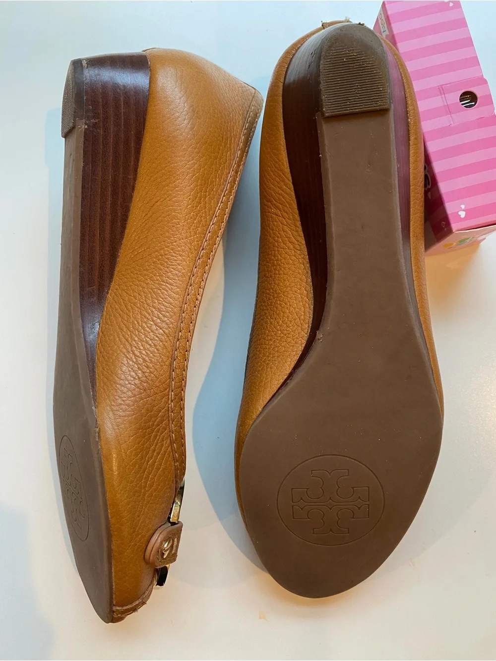 Tory Burch Brown Leather Peep-Toe low wedge with gold logo